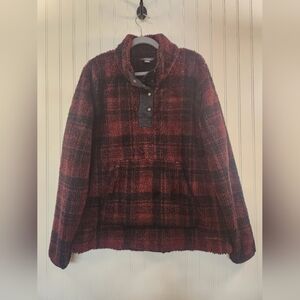 Eddie Bauer Women's Red Plaid 1/4 Button Up Sherpa Pullover Sweater Size XL/L